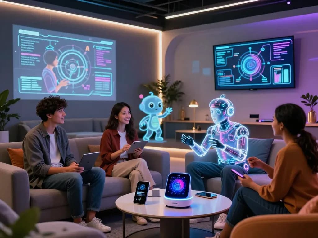 Engaging scene of users interacting with spicy AI companions in a modern lounge, showcasing innovative technology.