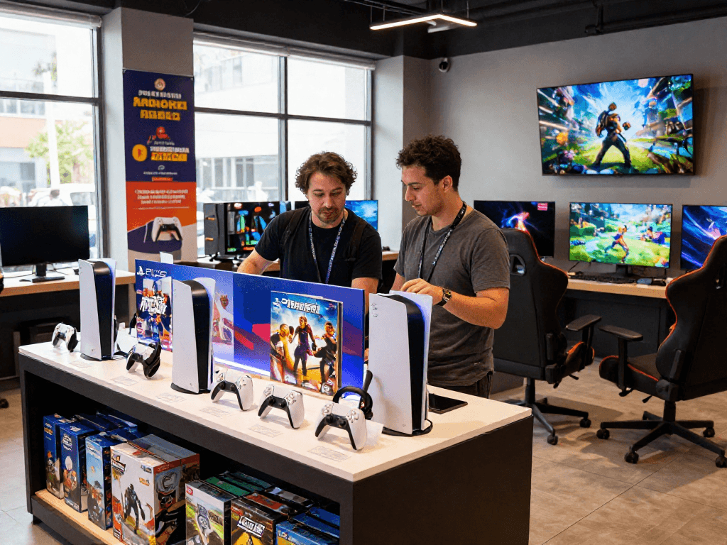 rokok88 slot login highlights a customer enjoying gaming merchandise at a vibrant game retail store.