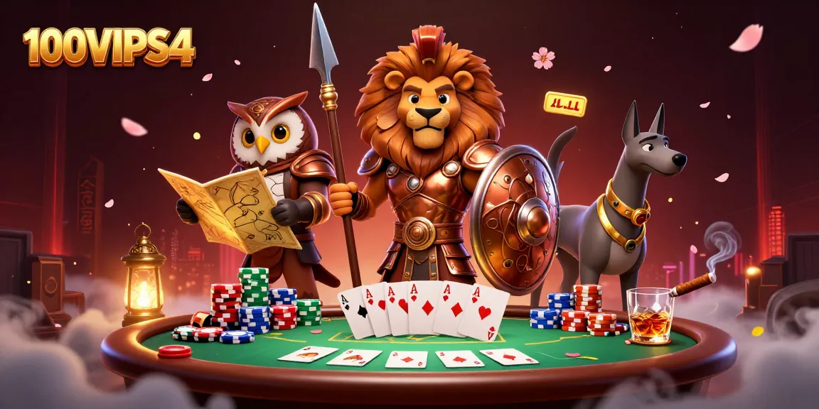 Engage with 100VIPS4 as a Spartan lion and tactical owl dominate thrilling poker action.