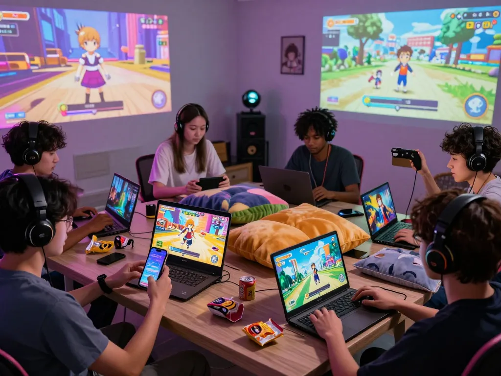 Group of players engaged in game porn with vibrant visuals on multiple devices in a cozy gaming environment.