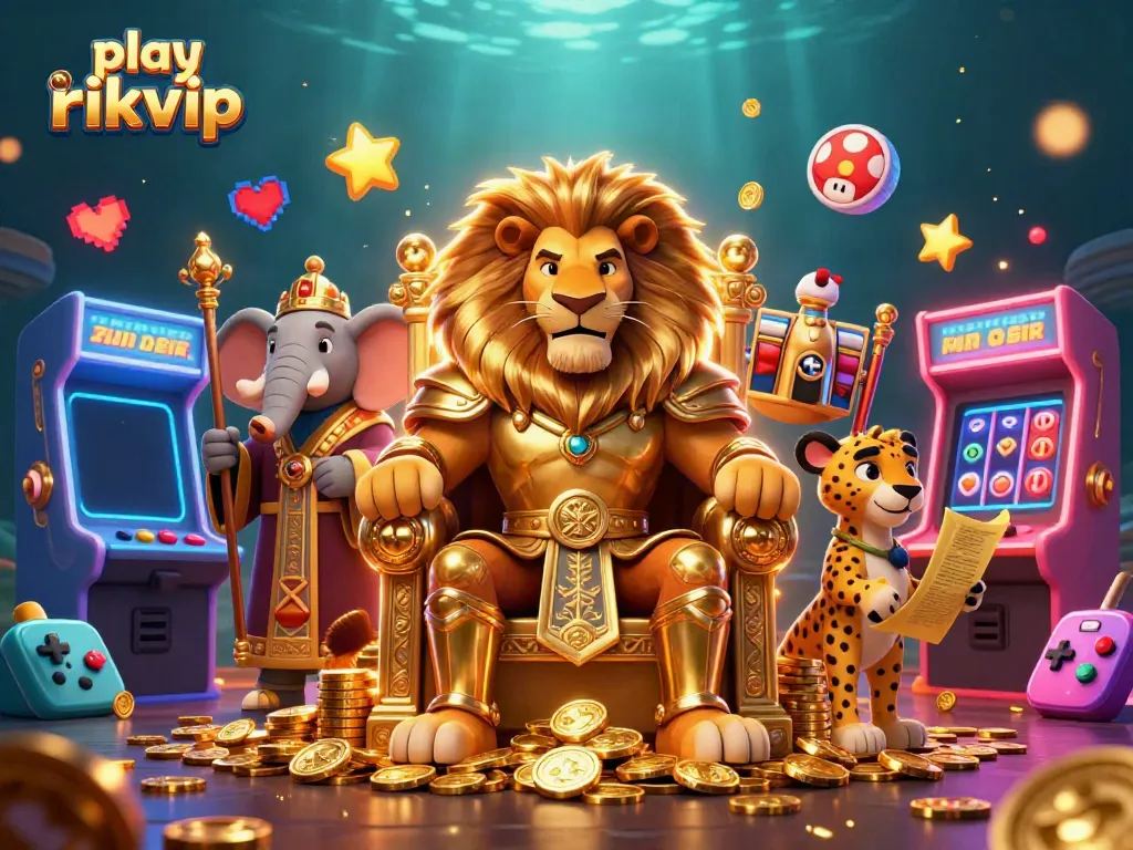 Engage with play rikvip in a rich 3D illustration showcasing a lion king, elephant advisor, and cheetah messenger amidst vibrant casino elements.