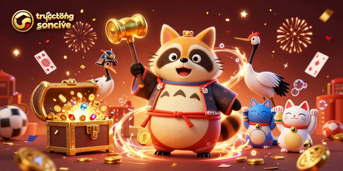 Experience trực tiếp bóng đá socolive with vibrant energy from a festive raccoon and playful cats in this lively 3D scene.