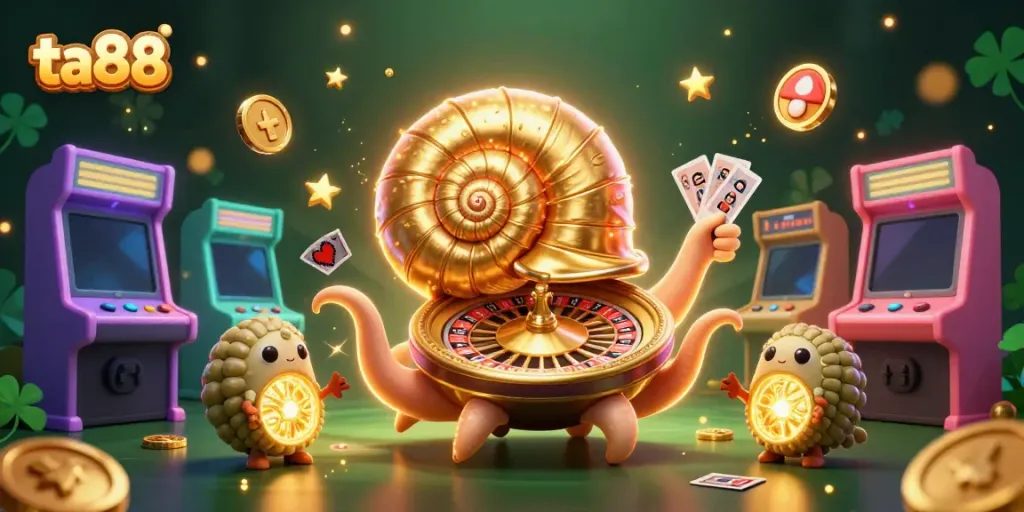 Engage with ta88 in a vibrant 3D animated casino featuring a giant nautilus roulette wheel and glowing games.