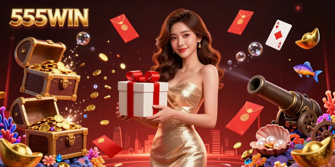 Engage with 555WIN's festive casino atmosphere featuring golden coins and vibrant game elements.