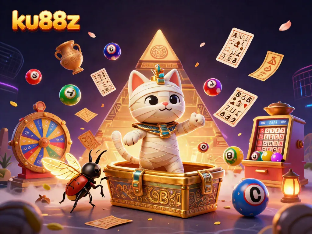 Engage with thrilling games at ku88z, featuring a vibrant mummy cat in a dynamic casino setting.