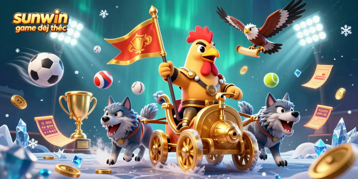 Experience the excitement of sunwin game đổi thưởng with a dynamic cartoon illustration full of vibrant sports elements.