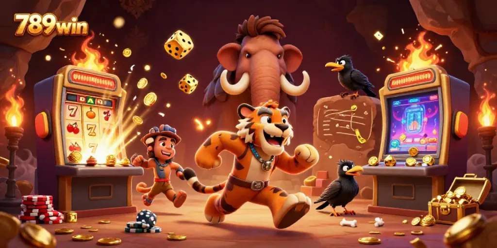 Experience the excitement of 789win with a lively prehistoric casino scene featuring dynamic characters and thrilling game elements.