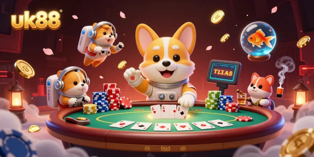 Engage with the dynamic uk88 gaming universe featuring an astronaut corgi amidst a vibrant casino scene.