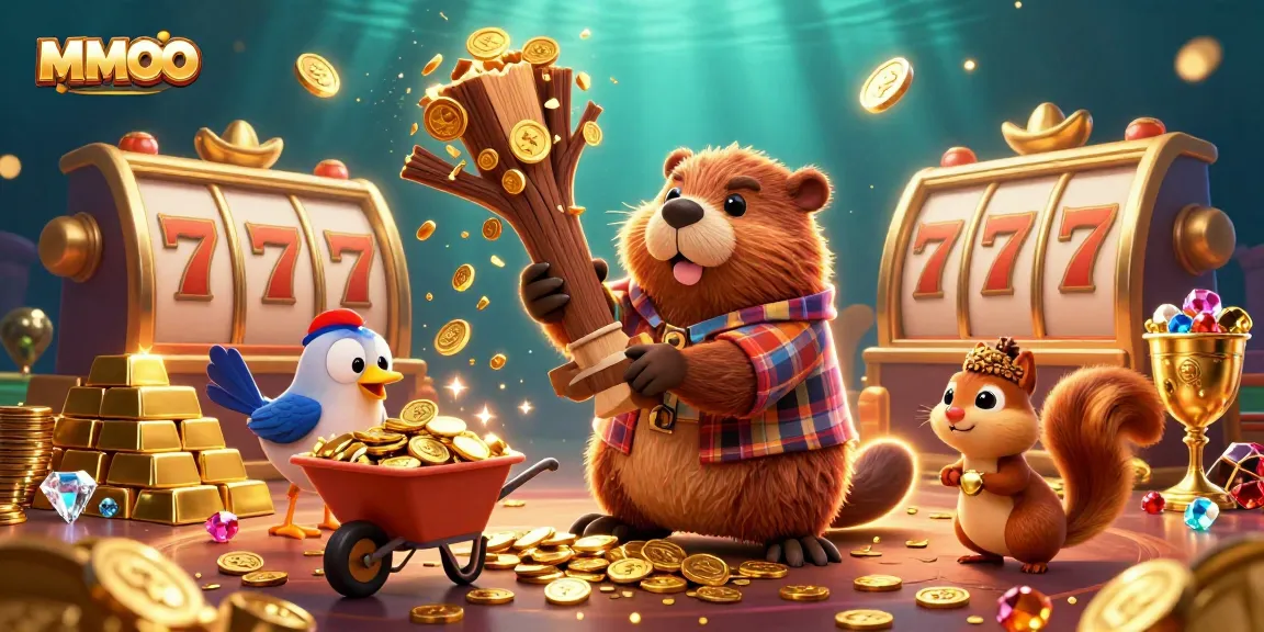 Engage with the exciting MMOO casino world, featuring a cartoon beaver amidst golden treasures and slot machines.