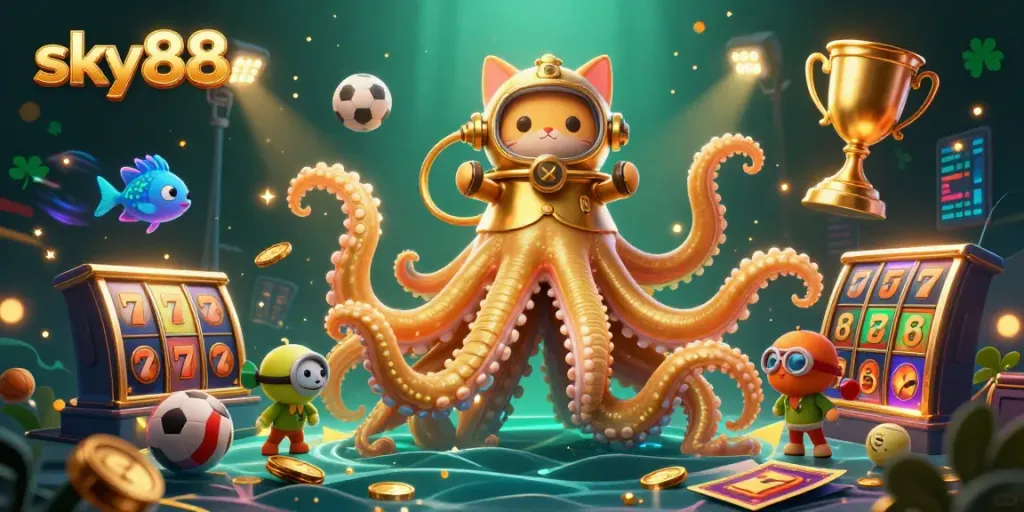 Engage in thrilling gameplay with sky88's vibrant depiction of a colossal kraken and diving cat amidst dynamic casino elements.