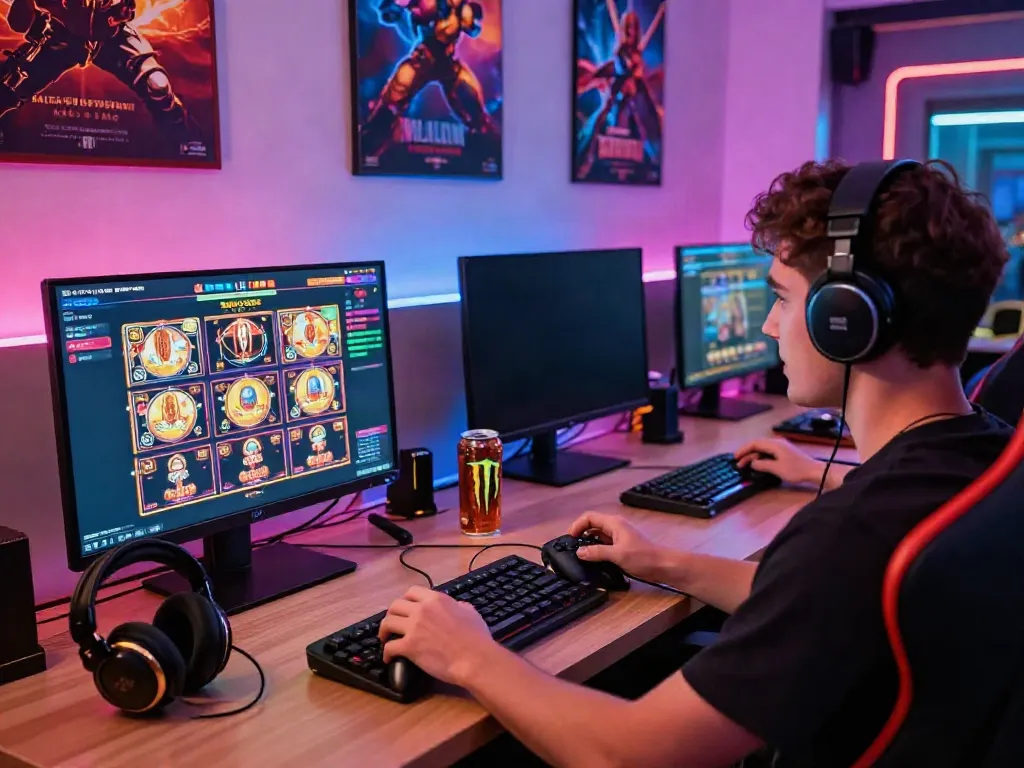 Nohuwin gaming experience with player immersed in vibrant online slot machines and accessories.