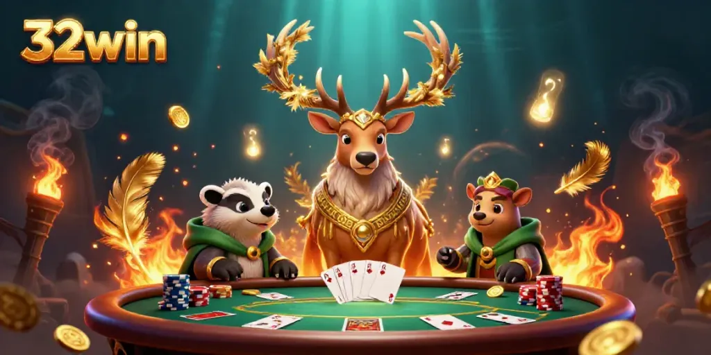 Experience the magical luck of 32win with a druid and a wise badger at a vibrant poker table.