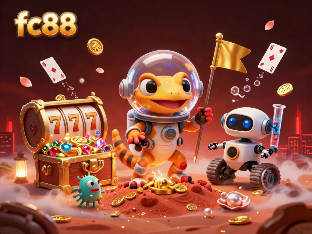 Experience the fun at fc88 as a Martian gecko discovers a golden casino amidst vibrant surroundings.