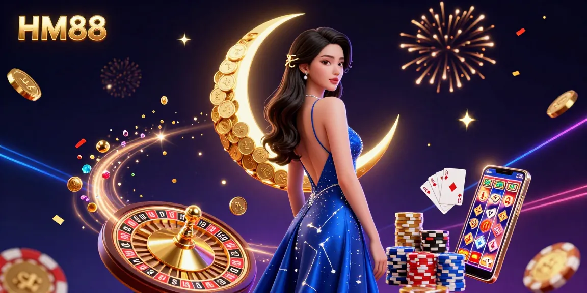 Engage with the vibrant world of online gaming at HM88, featuring golden coins, roulette wheels, and lucky sevens.