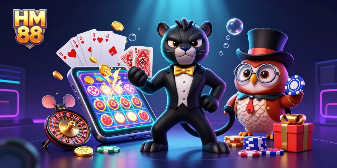 Engage in thrilling casino action with HM 88, where a stylish panther deals cards and a lucky mouse peeks from chips.