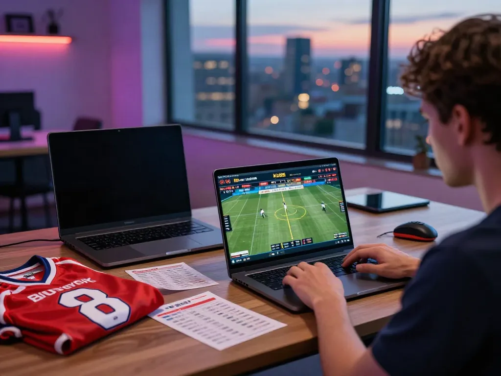 Engaged player at home using KU88 for online betting, dynamic gaming setup with sports memorabilia around.