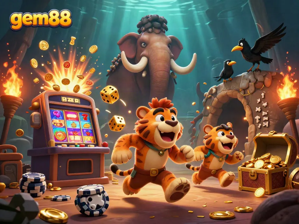 Experience gem88 with a vibrant prehistoric casino scene, showcasing a 3D caveman duo and exciting gaming elements.
