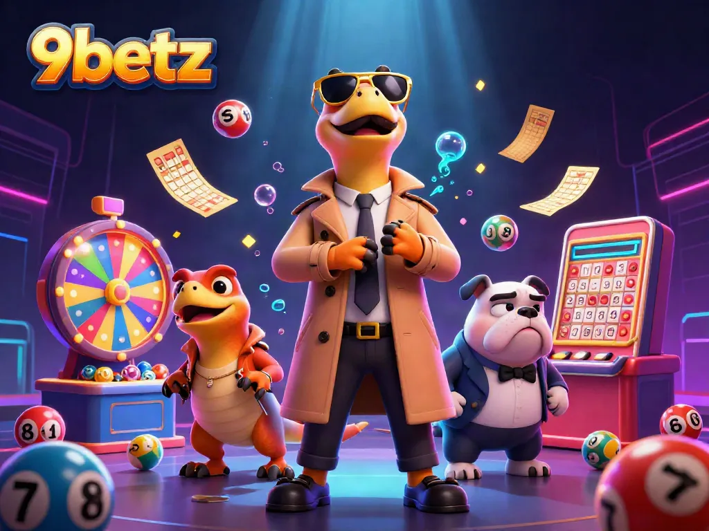 Experience fun with 9betz as raptors cleverly dressed enter a casino lounge, surrounded by lottery excitement.