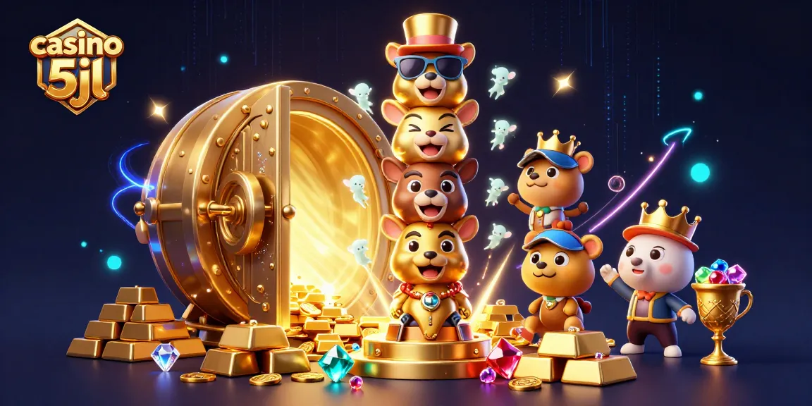 Spin the reels at casino 5jl, featuring a vibrant 3D illustration of exciting game elements and golden treasures.