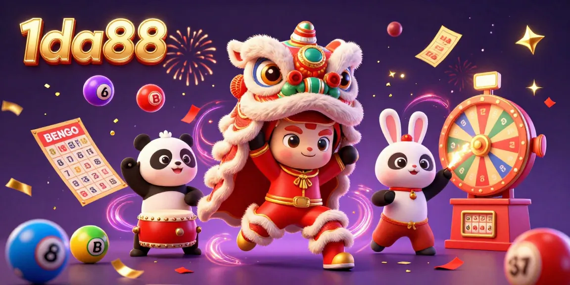 Engage with the exciting world of 1da88 in this vibrant casino-themed illustration featuring a lion dance and dynamic lottery elements.