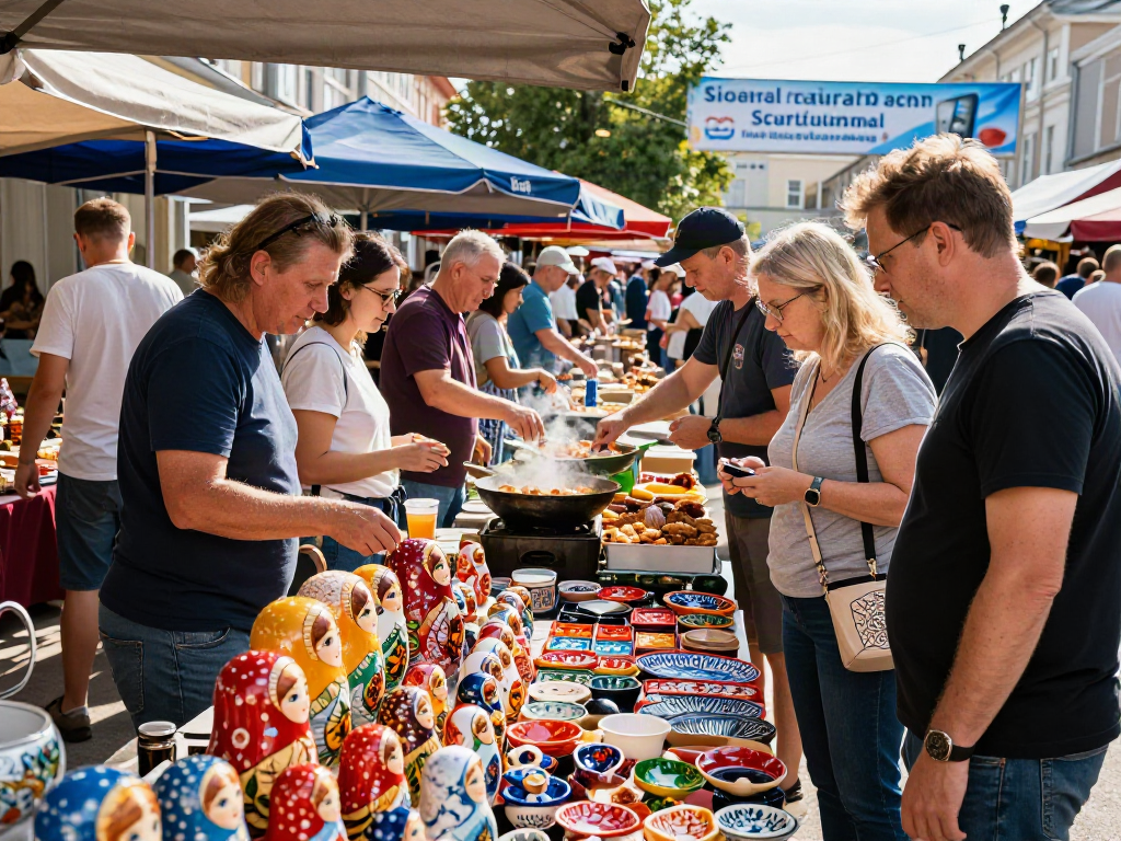 Rusya'da pazar gezintisi yapan turistler, https://payinrussia.com/ üzerinden dijital ödeme çözümlerini keşfediyor.