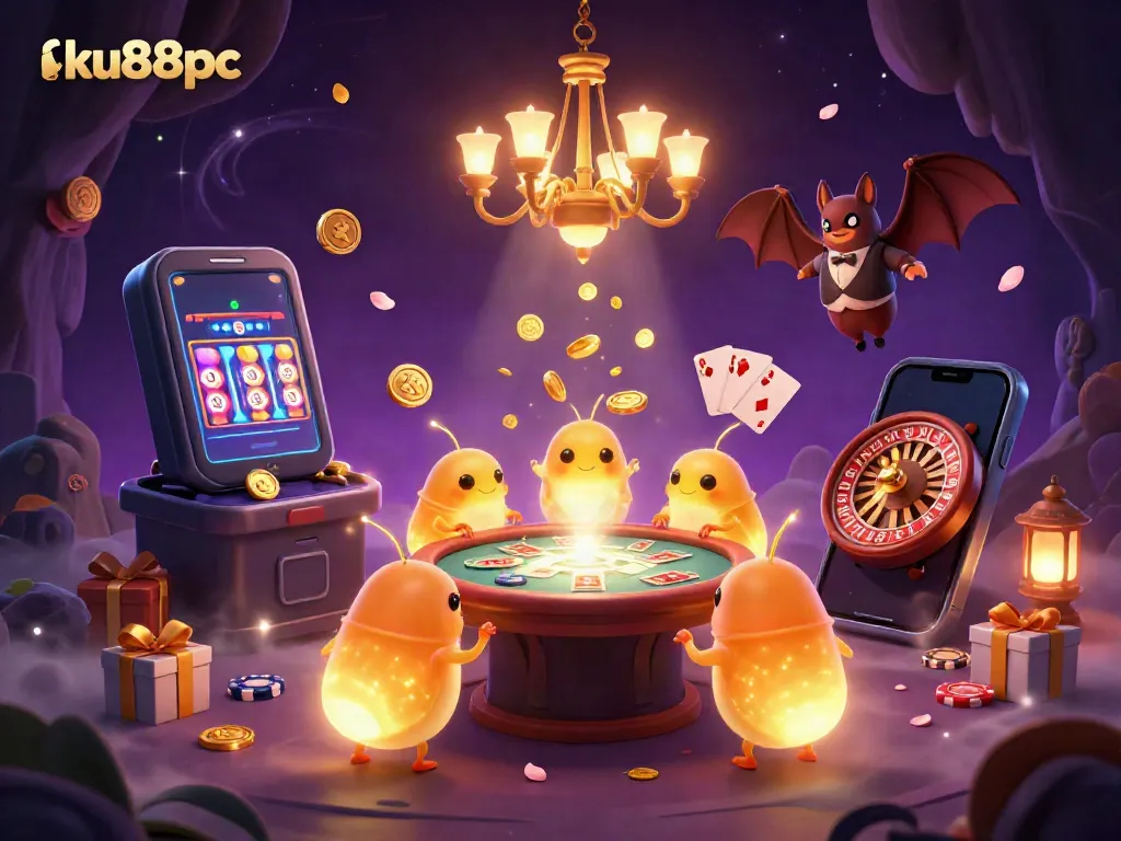 Experience vibrant gameplay at ku88pc, where glowworms illuminate a colorful cave casino.