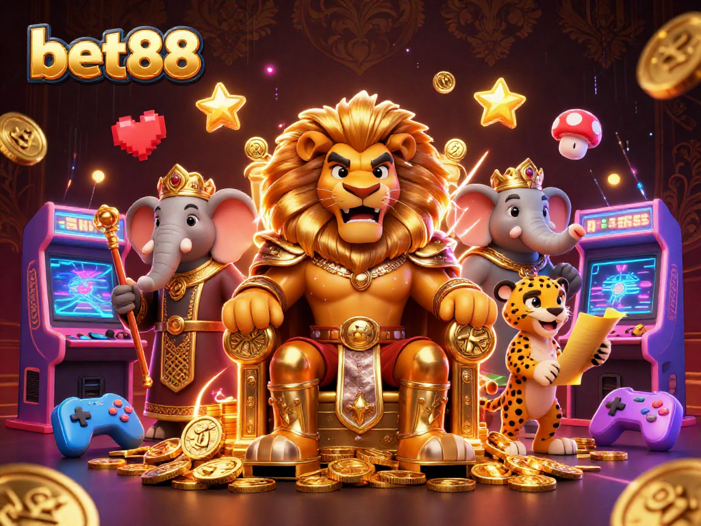 Engage in winning strategies at bet88 with a vibrant 3D casino illustration featuring a lion king, elephant advisor, and cheetah messenger.