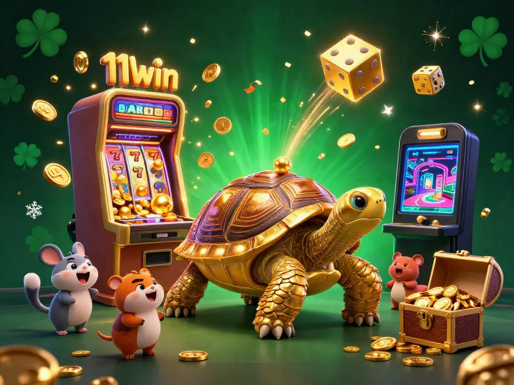 Experience the excitement of 11win's casino games with a cartoon tortoise and colorful elements in this vibrant scene.