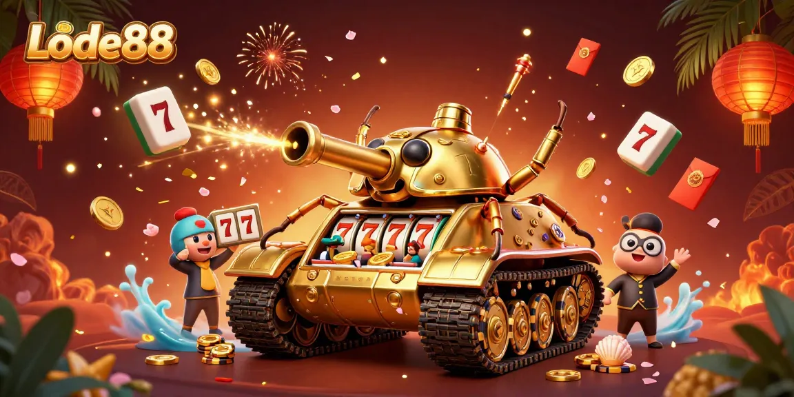 Lode88 showcases an exciting casino experience inside a golden beetle tank filled with vibrant gaming elements.