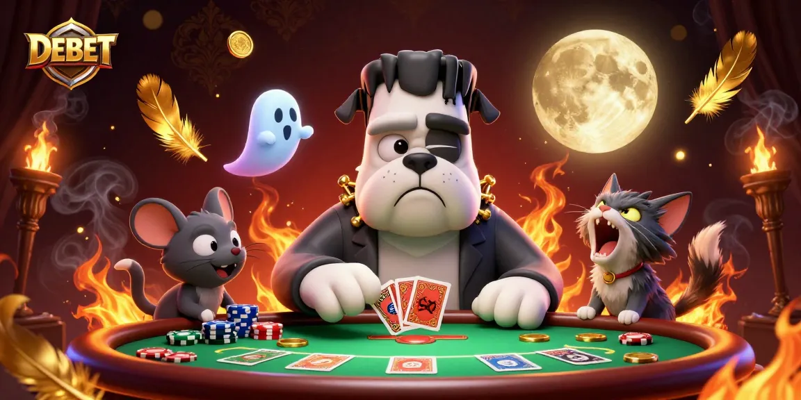 DEBET's exclusive gaming scene showcasing a cartoon bulldog dealer and casino elements