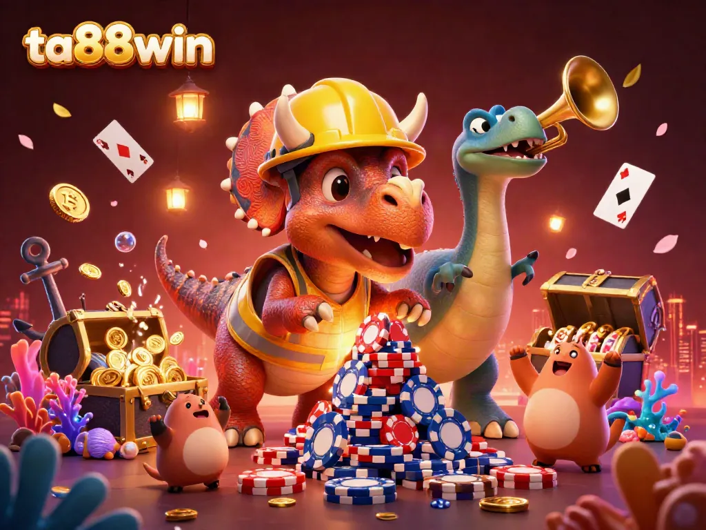 Experience thrilling gaming with ta88win as a colorful triceratops builds a chip pyramid amidst underwater treasures.