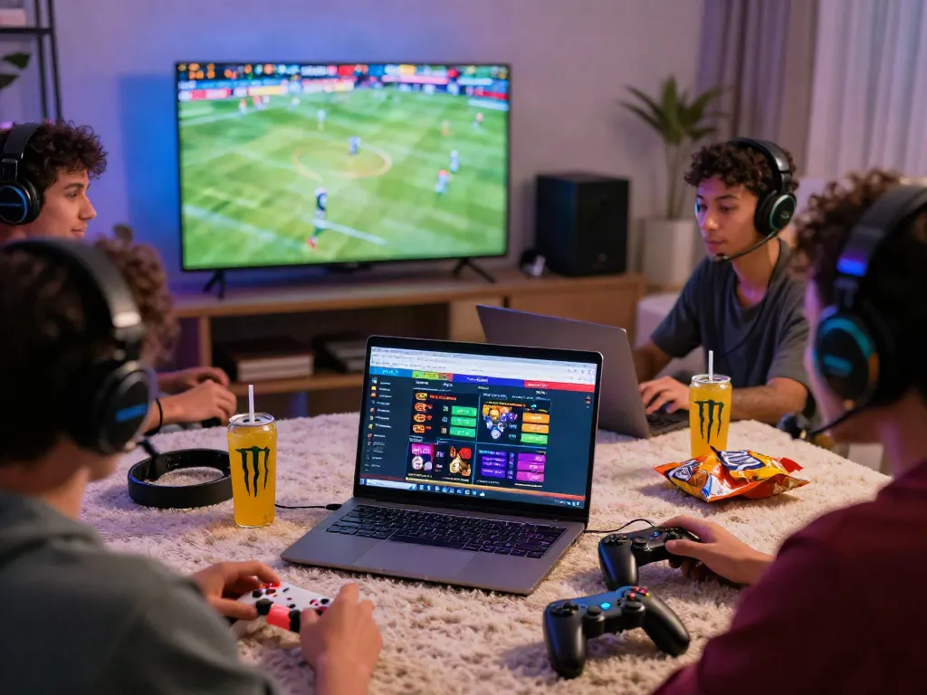 Exciting UK88 online gaming scene with friends enjoying betting and live casino games in a cozy setup.
