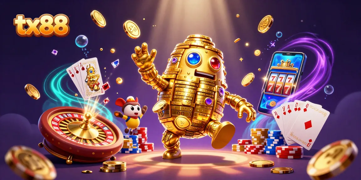 Engage with the tx88 golden golem amidst dynamic casino elements and vibrant 3D effects.