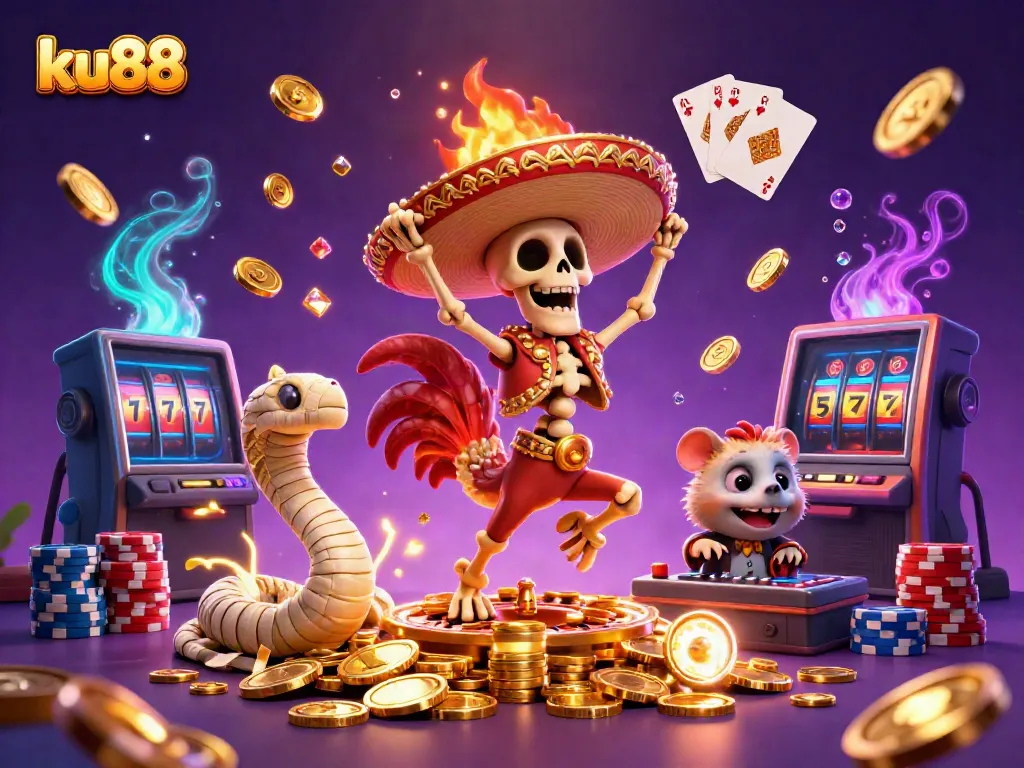 ku88 showcases a vibrant scene of a mariachi rooster dancing on gold coins, highlighting the excitement of online gambling.