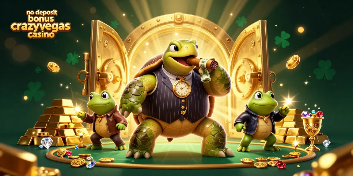 Experience the excitement of no deposit bonus crazyvegas casino with a dynamic 3D scene, featuring a snapping turtle and bullfrogs amidst treasure and glowing casino elements.