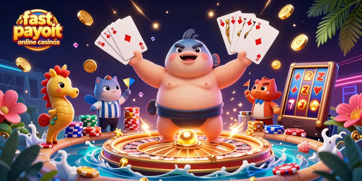 Play at fast payout online casinos with our fun cartoon fugu character in a vibrant underwater scene.