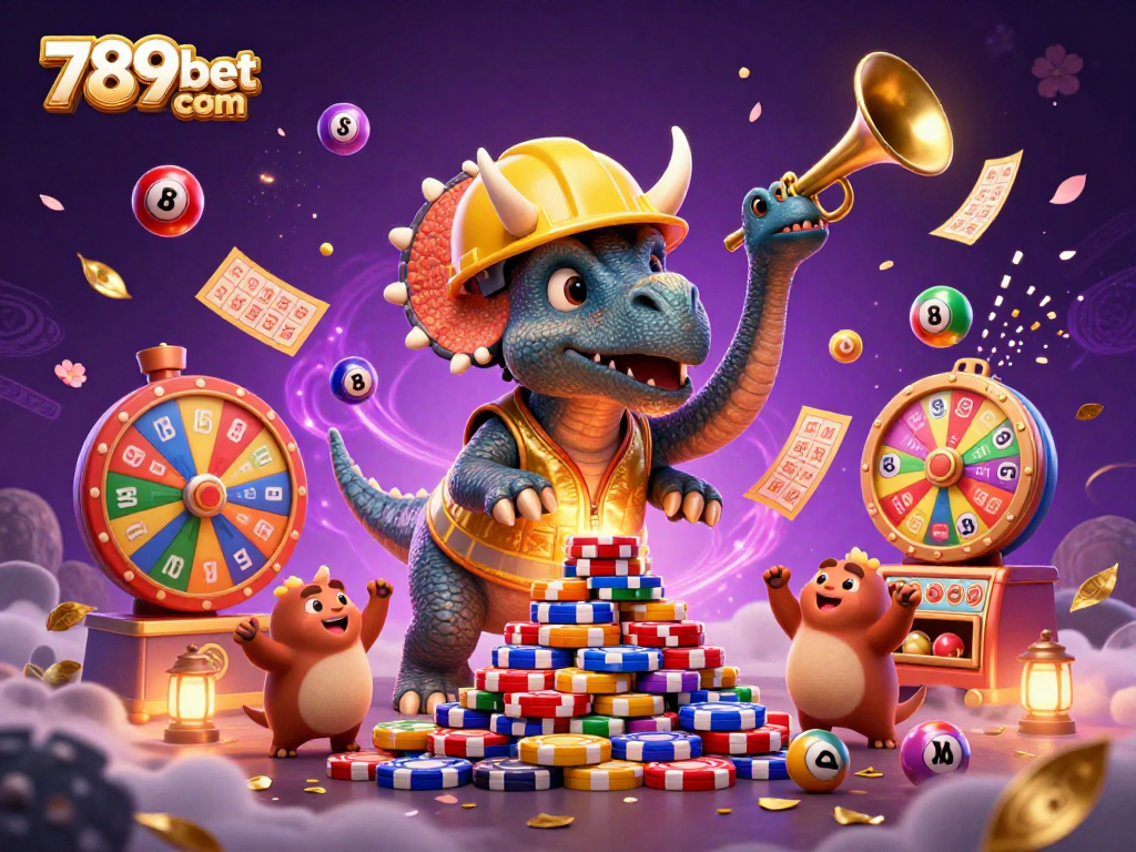 Engage with the exciting lifestyle of 789bet com as a 3D triceratops builds a poker chip pyramid amidst lottery celebration elements.