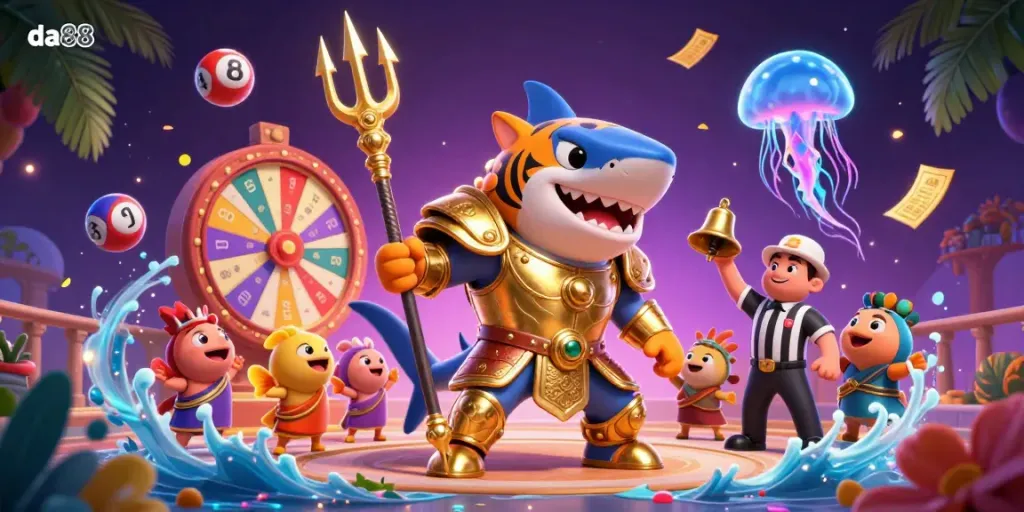 Engage in exciting games at da88 with a dynamic underwater scene featuring a shark, lottery elements, and vibrant prizes.