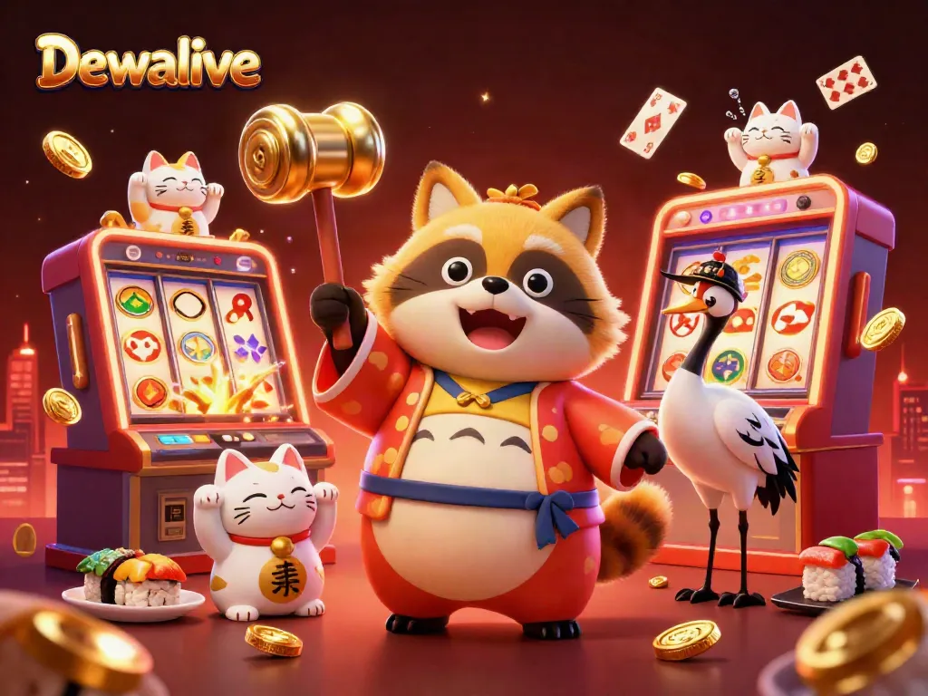 Permainan slot dan jackpot terbaru di Dewalive yang ditampilkan dengan karakter kartun lucu.