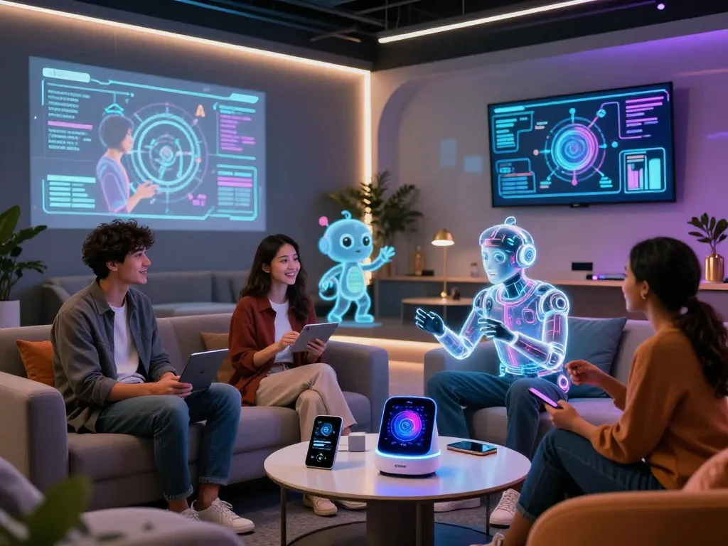 Engaging scene of users interacting with spicy AI companions in a modern lounge, showcasing innovative technology.