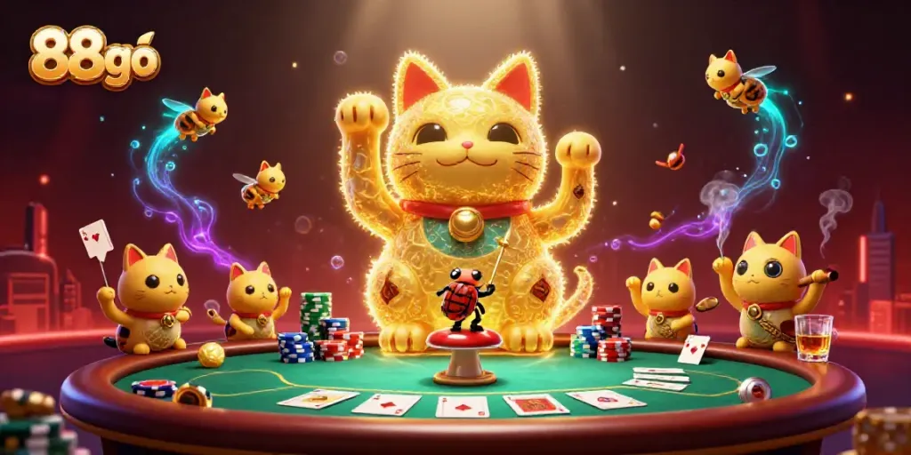 Experience thrilling luck at 88go with a dynamic lucky cat formed by fireflies in a vibrant casino scene.