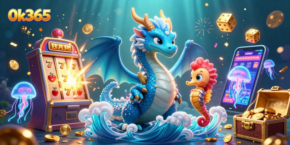 Experience the thrill of 0k365 with vibrant dragons, slot machines, and neon jellyfish in an exciting casino-themed illustration.