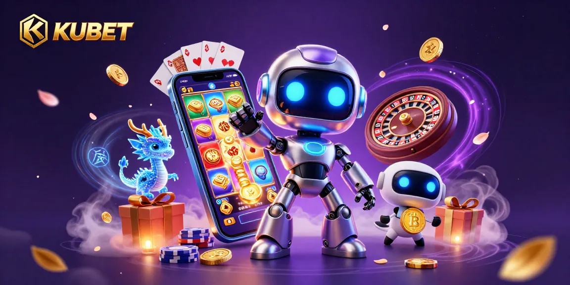 KUBET offers thrilling casino experiences with a dynamic 3D robot mascot and holographic dragon amidst vibrant gaming elements.