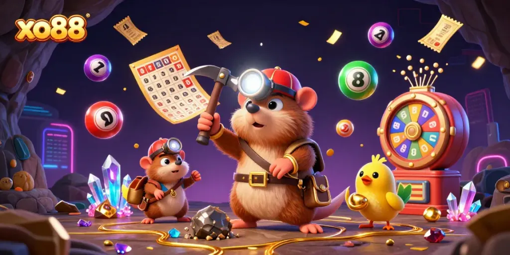 Join the excitement with xo88 as a treasure hunter mole discovers gems amidst colorful casino elements.