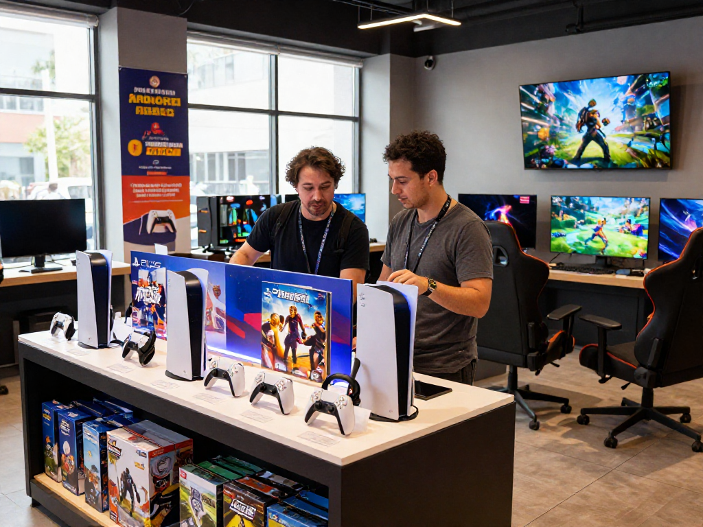 rokok88 slot login highlights a customer enjoying gaming merchandise at a vibrant game retail store.