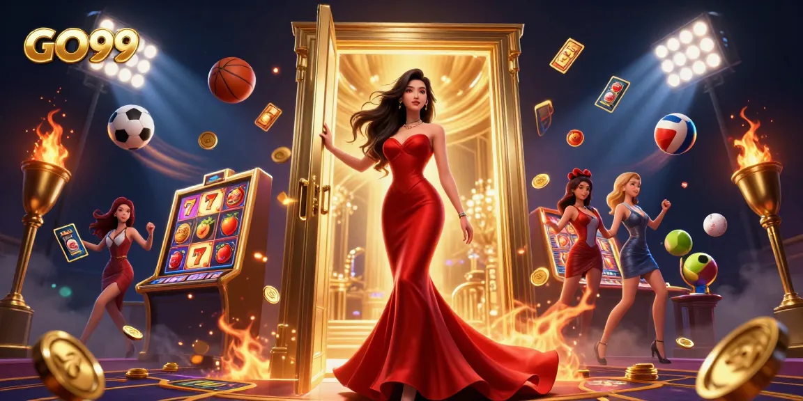 Experience the excitement of GO99 with slot reels and colorful casino elements in a vibrant 3D illustration.