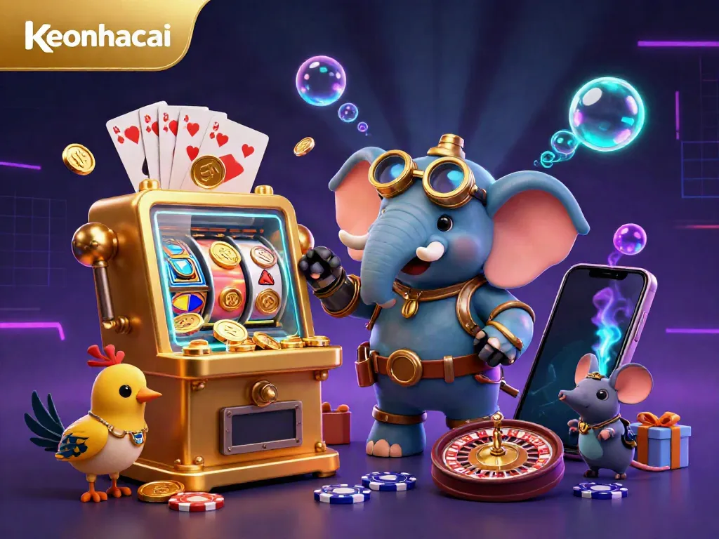 Experience the excitement of keonhacai with vibrant characters playing golden slots and a flurry of gaming elements.