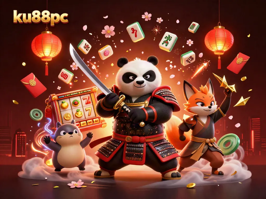 Experience thrilling gameplay with ku88pc featuring vibrant samurai panda and slot machines.