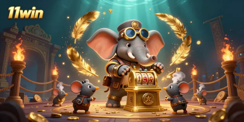 Experience the excitement of 11win's casino with a steampunk elephant operating a golden slot machine.
