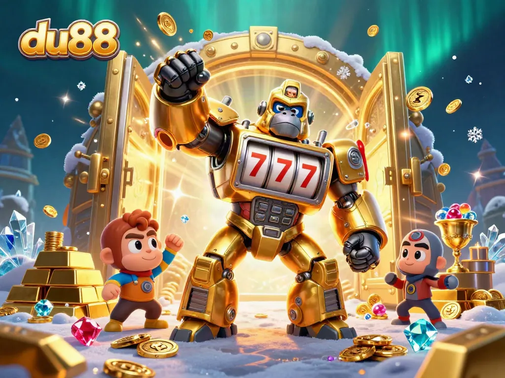 Experience the thrill of du88 with a golden gorilla mech and treasure in a vibrant casino scene.